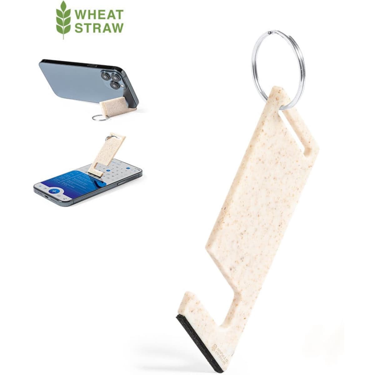 A multifunction keyring made from wheat straw, featuring a phone stand design and a silver ring attachment.