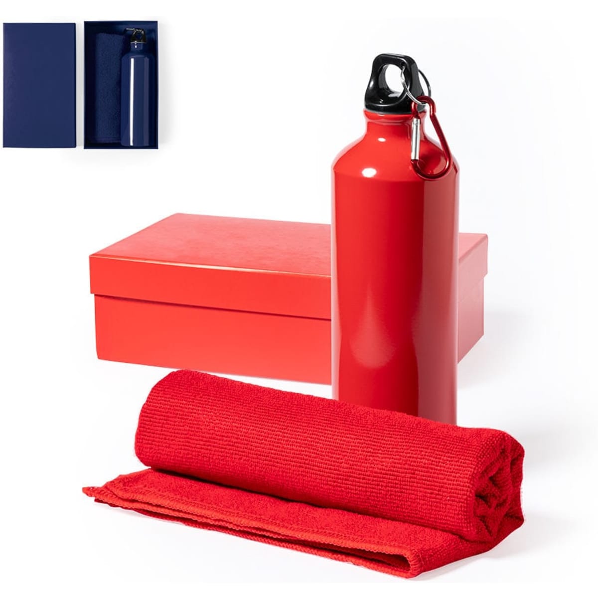 A red drink bottle with a black cap and a red towel, presented in a red gift box. The image includes a blue box in the corner.