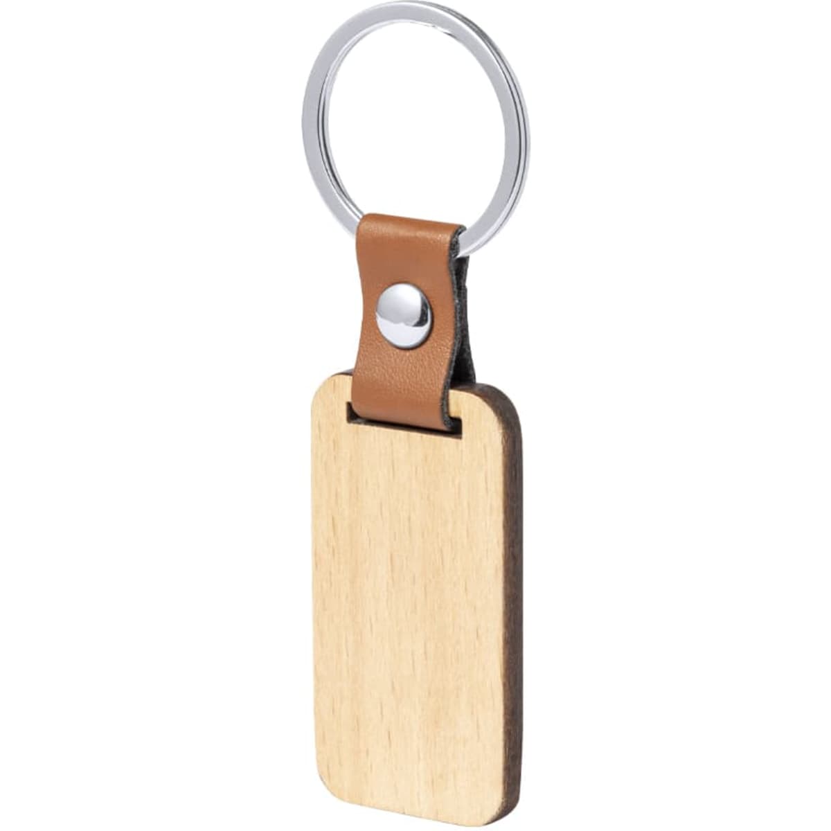 A wooden keyring with a tan leather strap and silver metal ring. It features a simple, rectangular design.