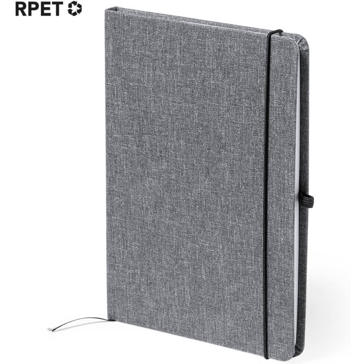 A grey notepad with a textured cover and an elastic closure, featuring a logo on the top left corner.