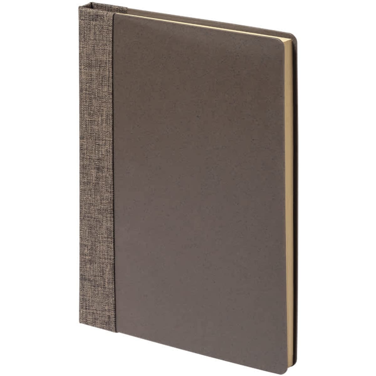 A notepad with a textured brown cover and a plain brown spine, featuring a logo on the front.