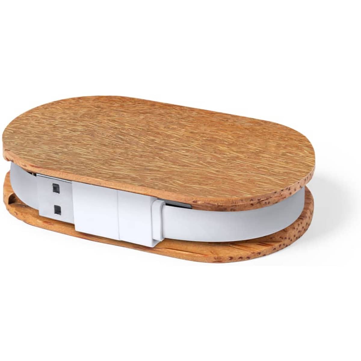 A wooden USB drive with a white casing, featuring an oval design and a logo on the surface.