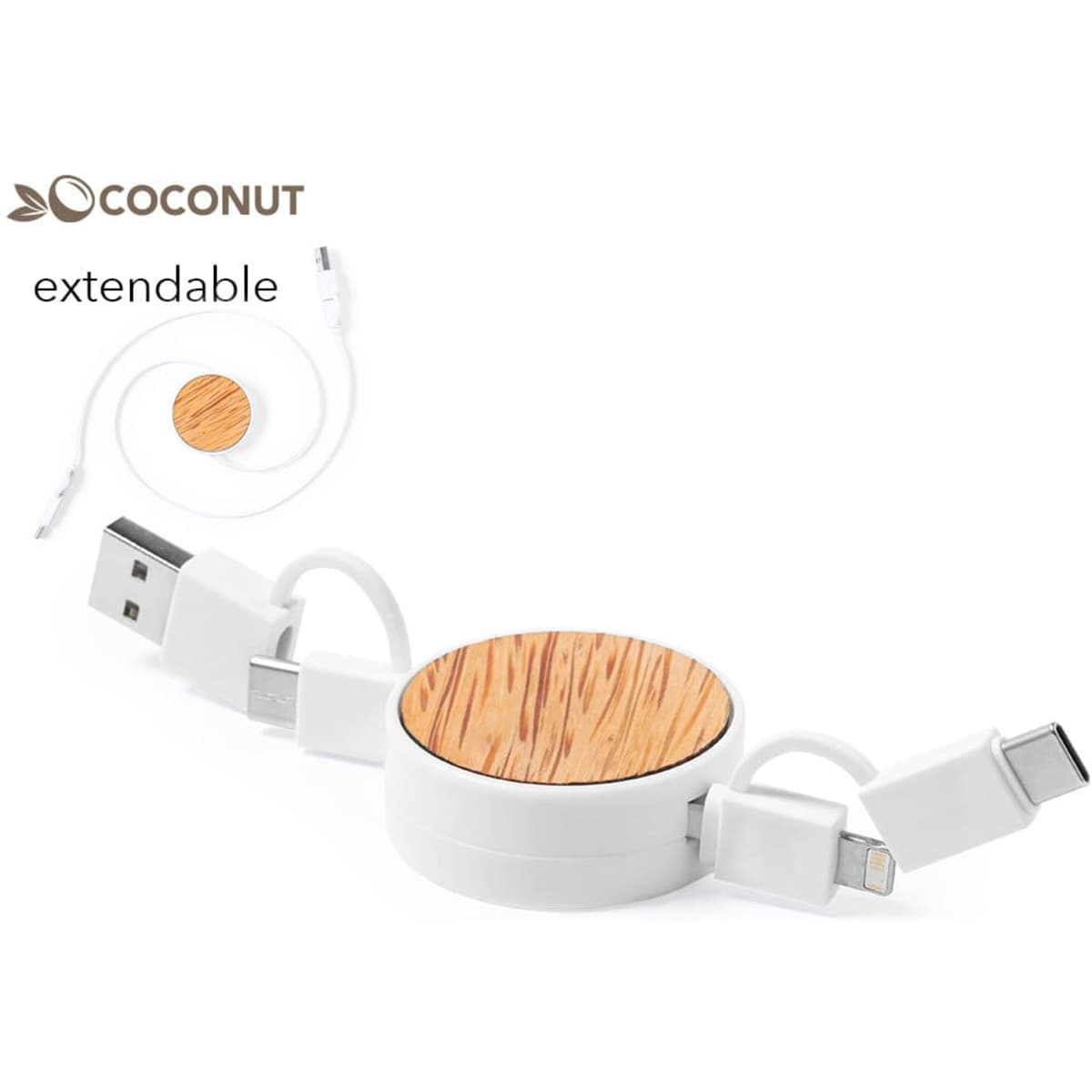 An extendable charging cable in white with a circular wooden accent, featuring USB and USB-C connectors.