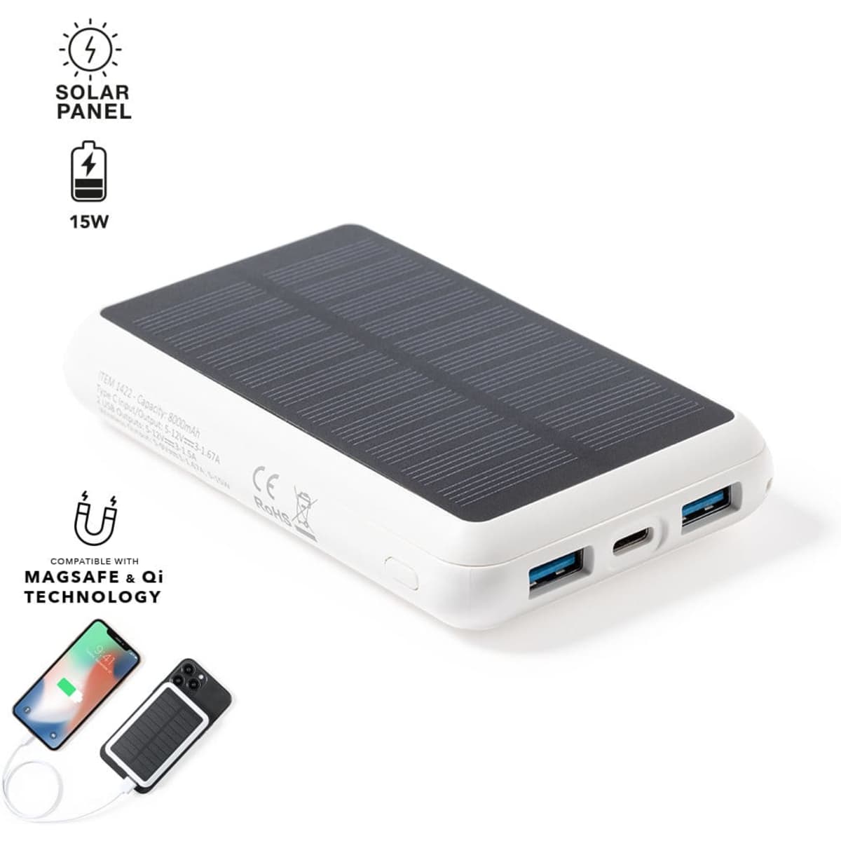 A power bank with a solar panel, featuring two USB ports and a sleek white design. Includes a logo.