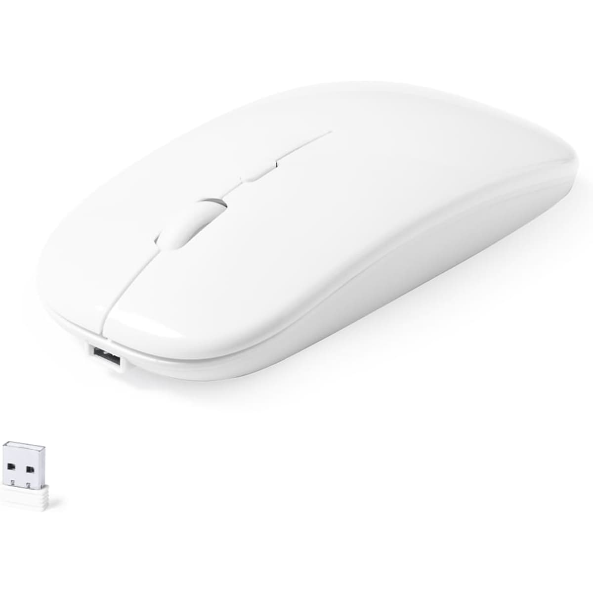 A white computer mouse with a USB receiver. The mouse features a smooth, sleek design.