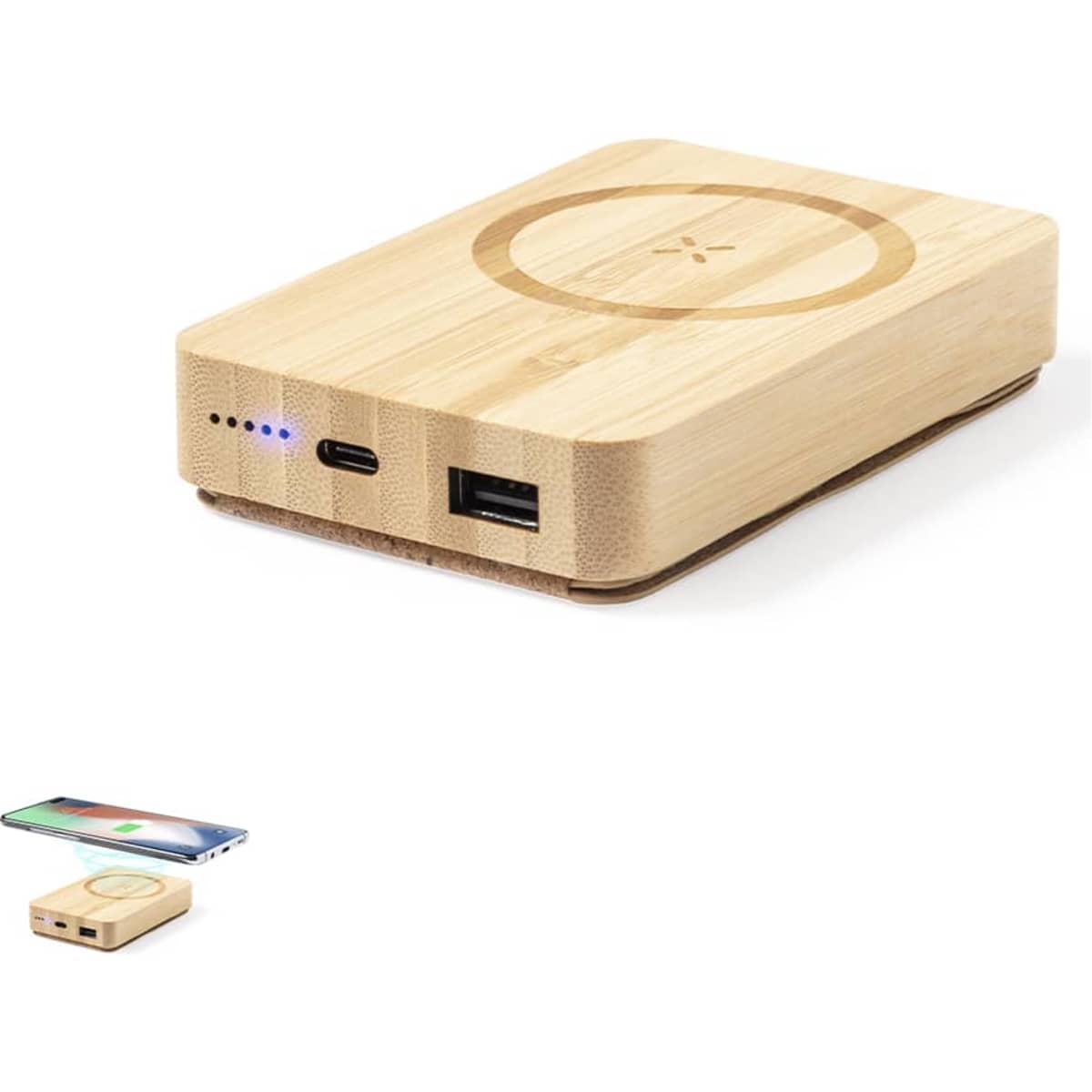 A wooden power bank with USB and USB-C ports, featuring a circular design on the surface and a branding logo.