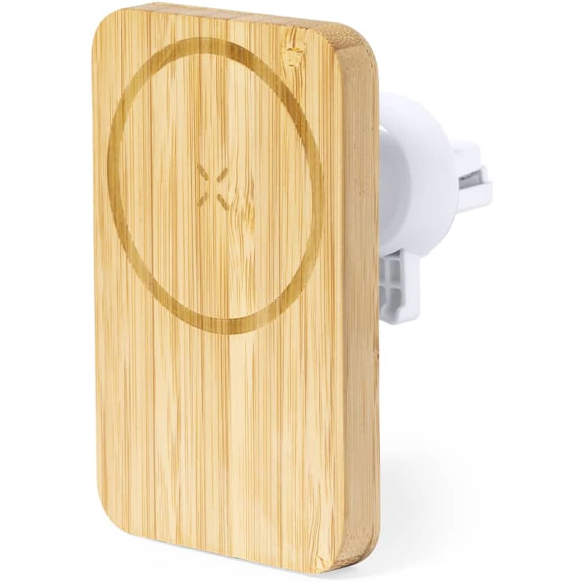 A wireless charger with a bamboo finish, featuring a circular charging area and a plug connection.