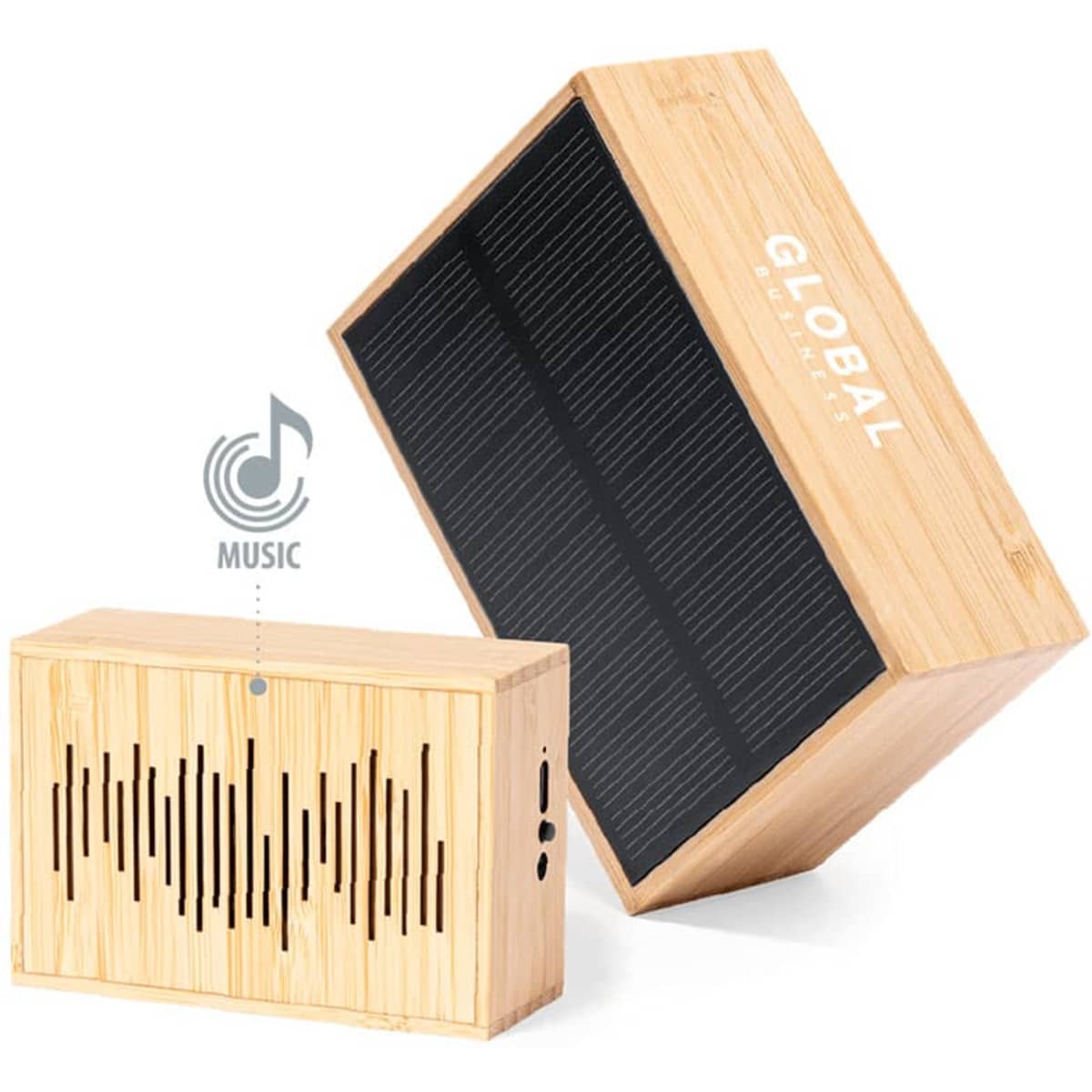 A wooden Bluetooth speaker with a textured front panel and a logo, featuring a distinctive design and natural colour.