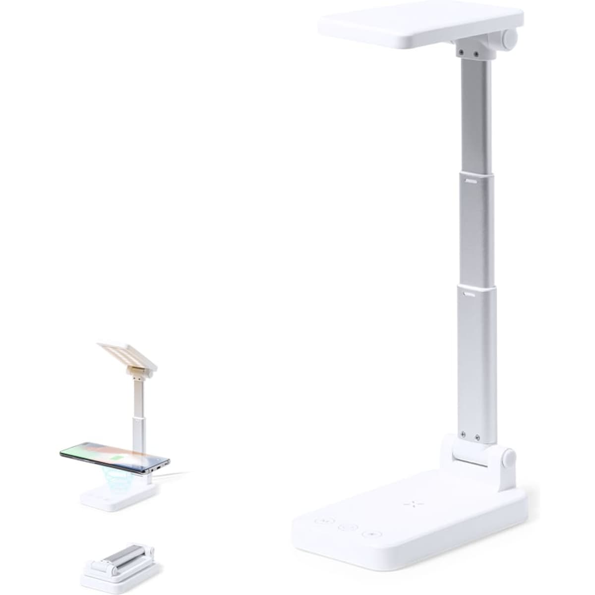 A white wireless charger and lamp with an adjustable arm, featuring a sleek design and a small base.