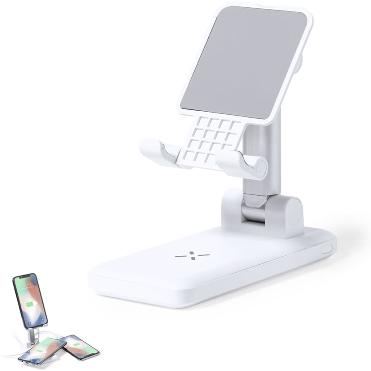 A white phone stand with an adjustable holder and a base, featuring a logo. Two phones are displayed beside it.