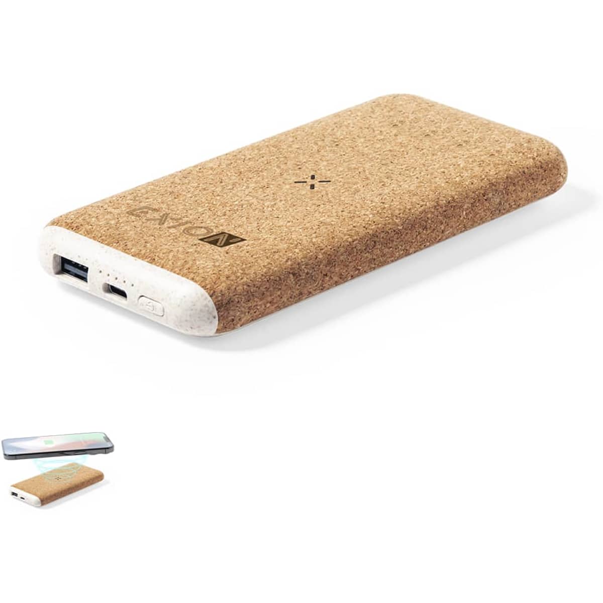 A cork-textured power bank in natural tones with a white accent, featuring a logo on its surface.