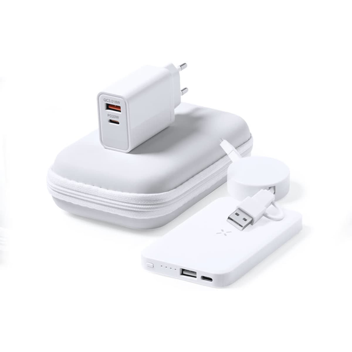 A white power bank and charging accessories, including a charger and USB cable, arranged on a white background.