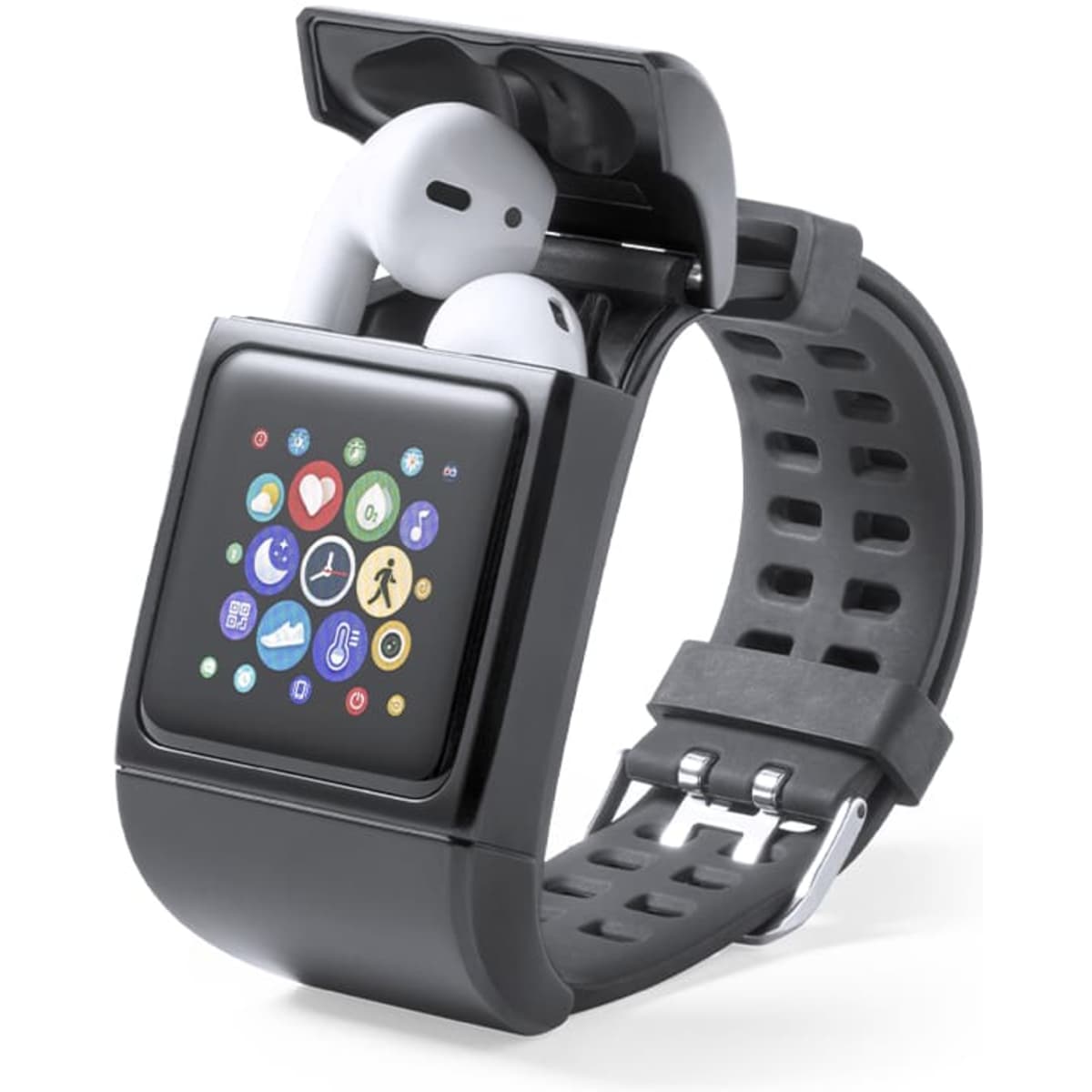 A smartwatch with a black strap and a screen displaying various app icons, with white earbuds resting in the top section.