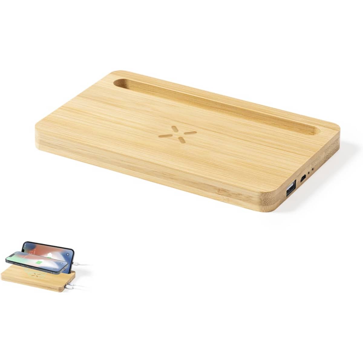 A wireless charger made of bamboo, featuring a sleek design with a slot for device placement. It includes a logo.