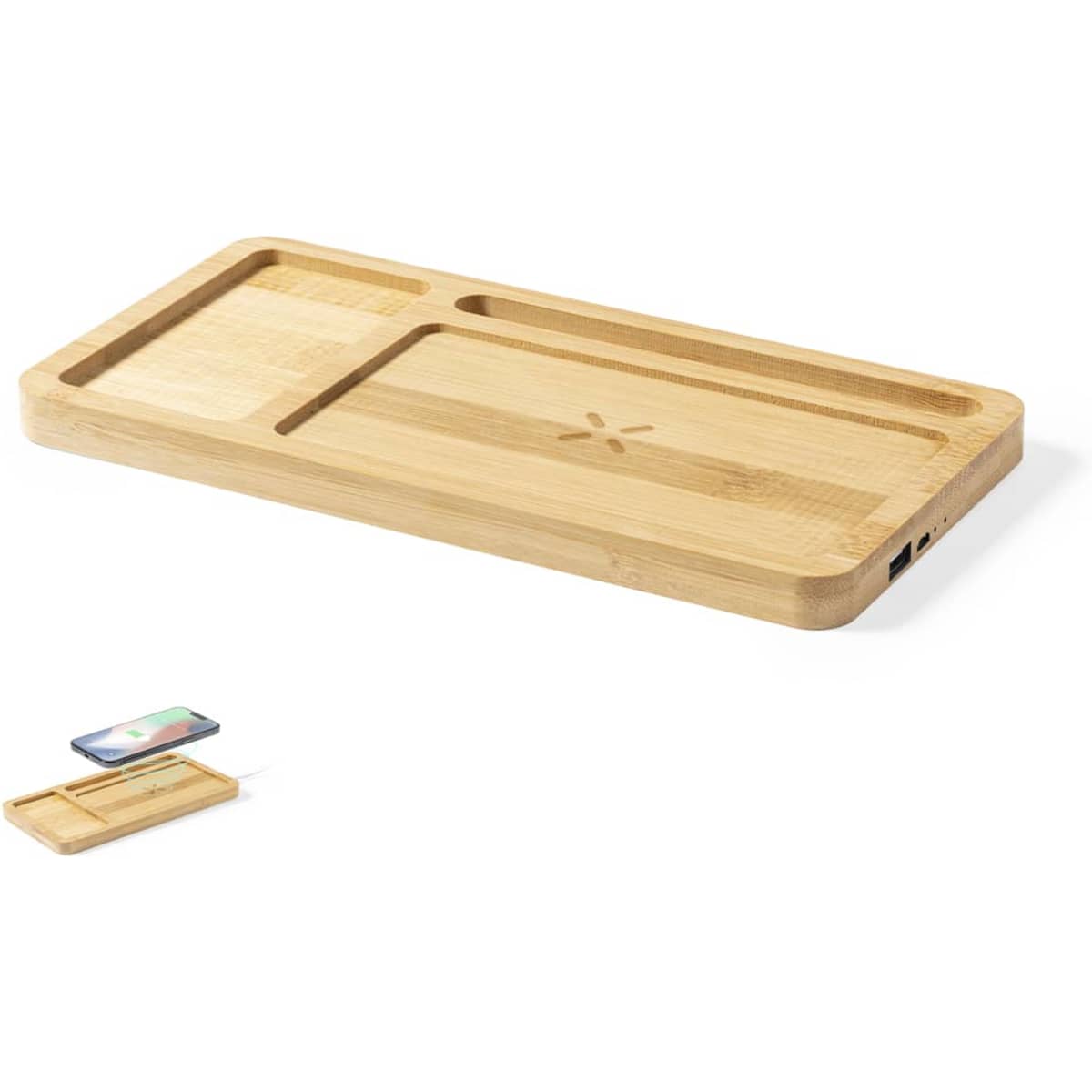 A bamboo wireless charger with multiple sections for devices and accessories, featuring a subtle logo.