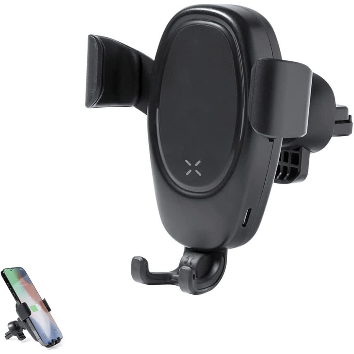 A black car phone holder with adjustable grips and a charging feature, designed to securely hold smartphones.