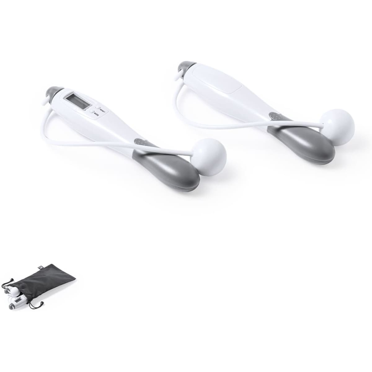 A fitness set featuring two grey and white devices with a digital display, accompanied by a black carry pouch.