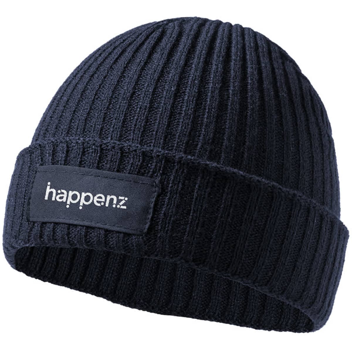 A navy beanie with a ribbed texture and a branded patch. Ideal for headwear collections.