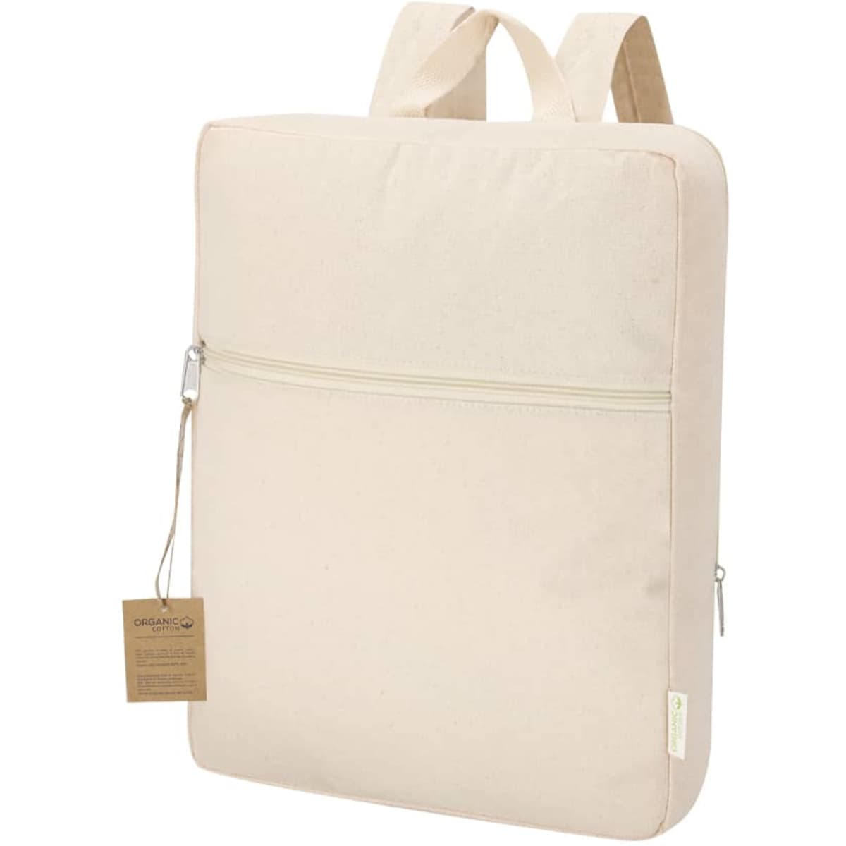 A light beige backpack featuring a large main compartment and a zipped pocket on the front. It has adjustable straps.