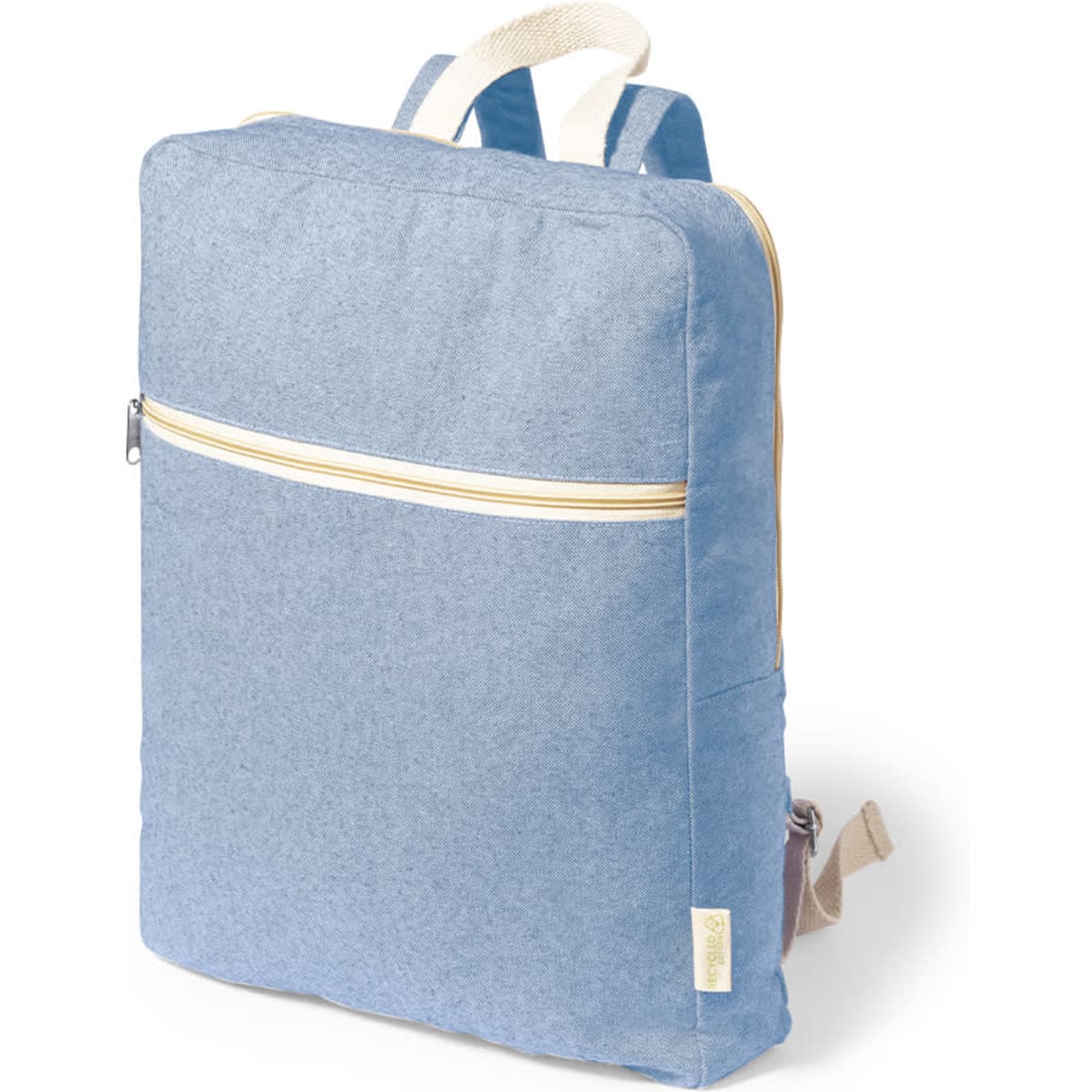 A blue backpack with a zippered front pocket and beige straps, featuring a subtle logo on the side.