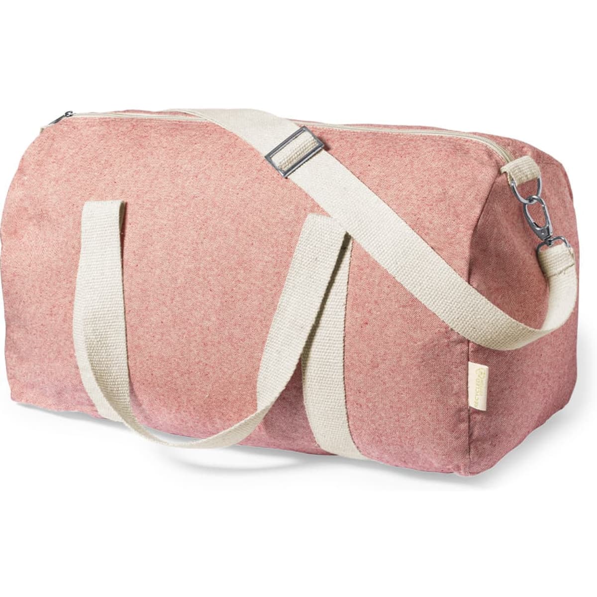 A pink duffle bag with cream-coloured straps and a zip closure, featuring a branding logo.