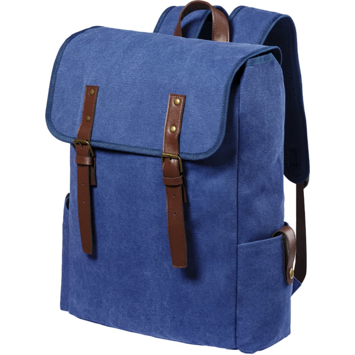 A blue backpack with brown leather straps and accents, featuring a flap closure and side pockets.