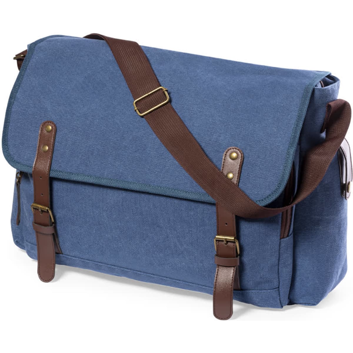 A blue laptop bag with a flap and brown leather straps, featuring an adjustable shoulder strap and a logo.