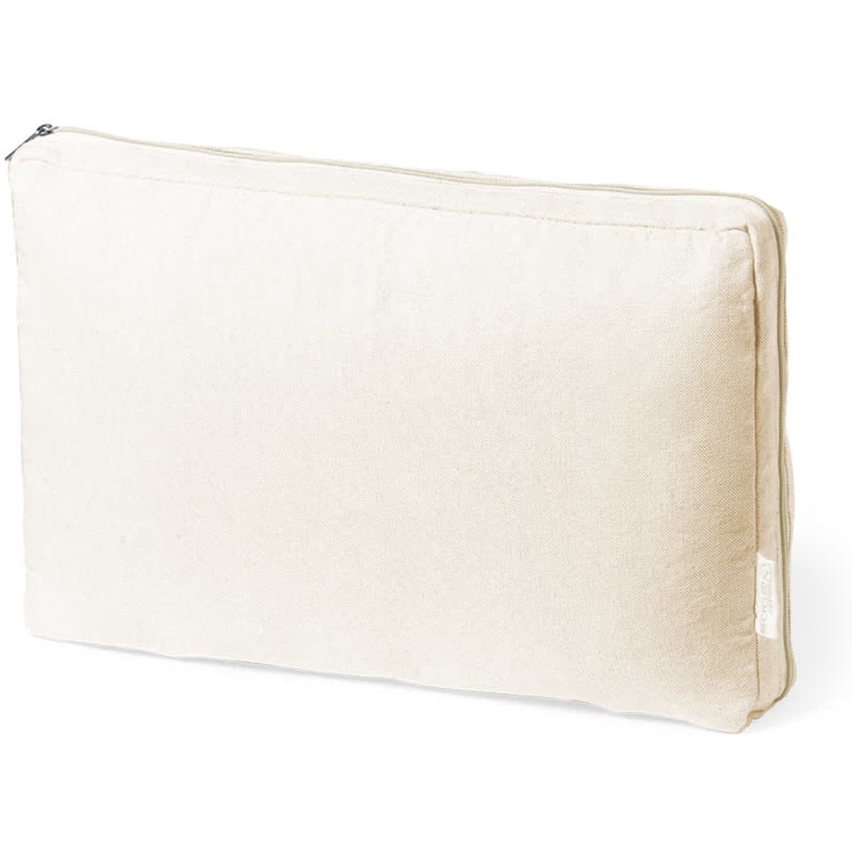 A cream-coloured laptop pouch with a zip closure and a small logo. It has a simple, minimalist design.