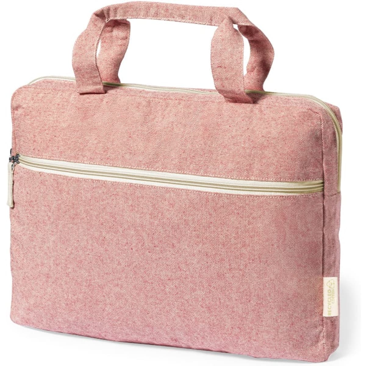 A pink bag with a zipper and dual handles, featuring a front pocket and a simple design.