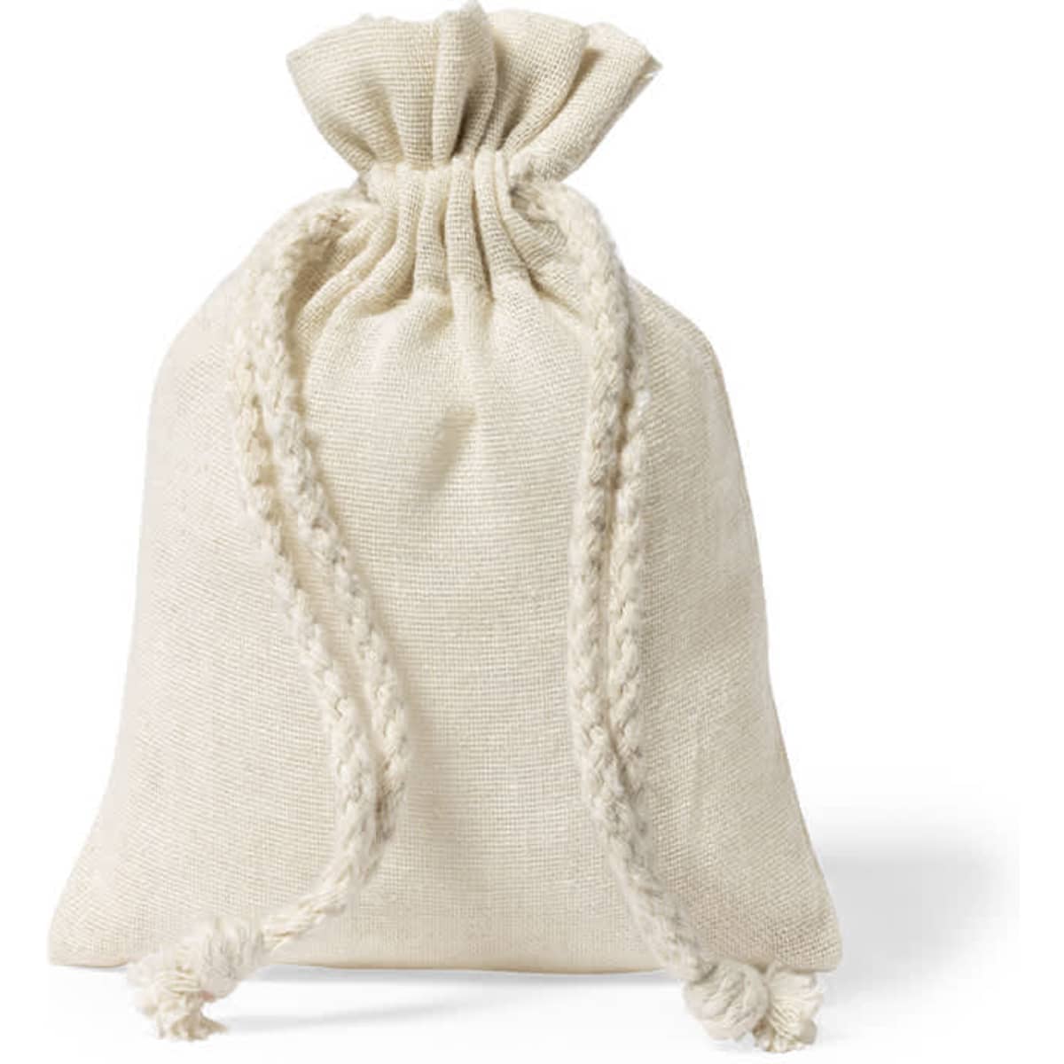 A cream drawstring bag with braided cords at the top. The bag has a simple, natural texture and a neutral colour.