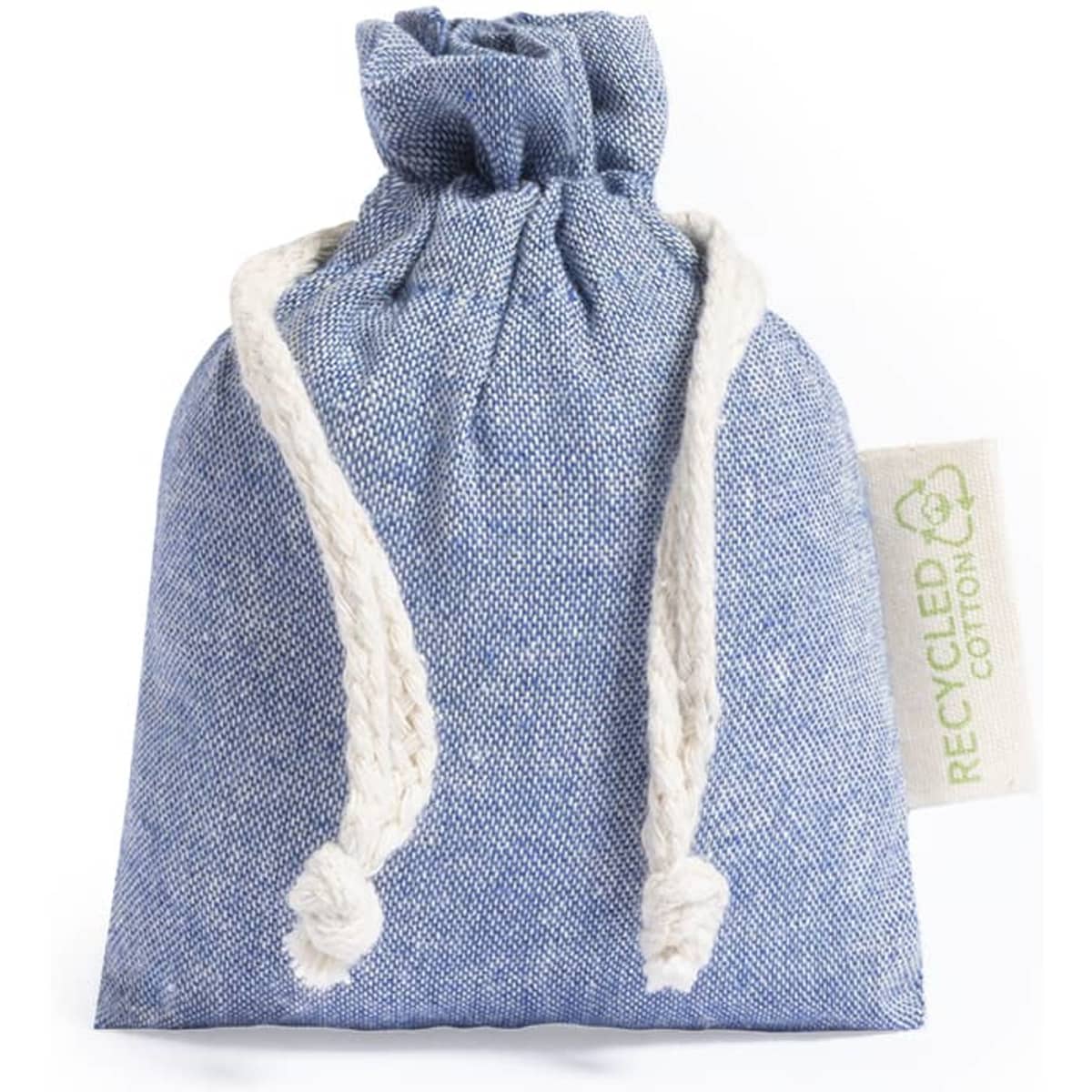 A drawstring bag in blue recycled cotton with white rope ties and a tag featuring a logo.