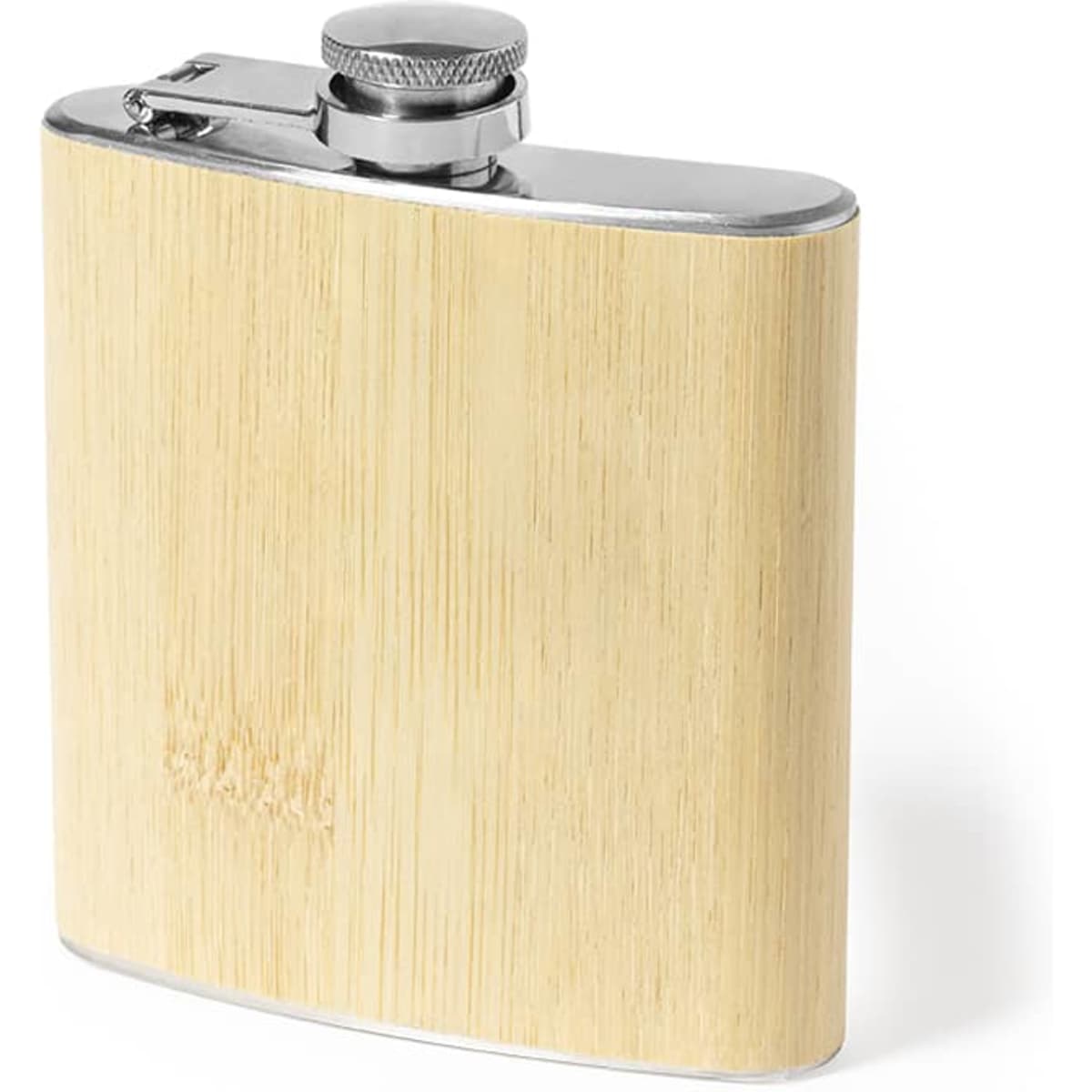 A drink bottle with a natural wooden finish and a silver cap, featuring a branding logo.