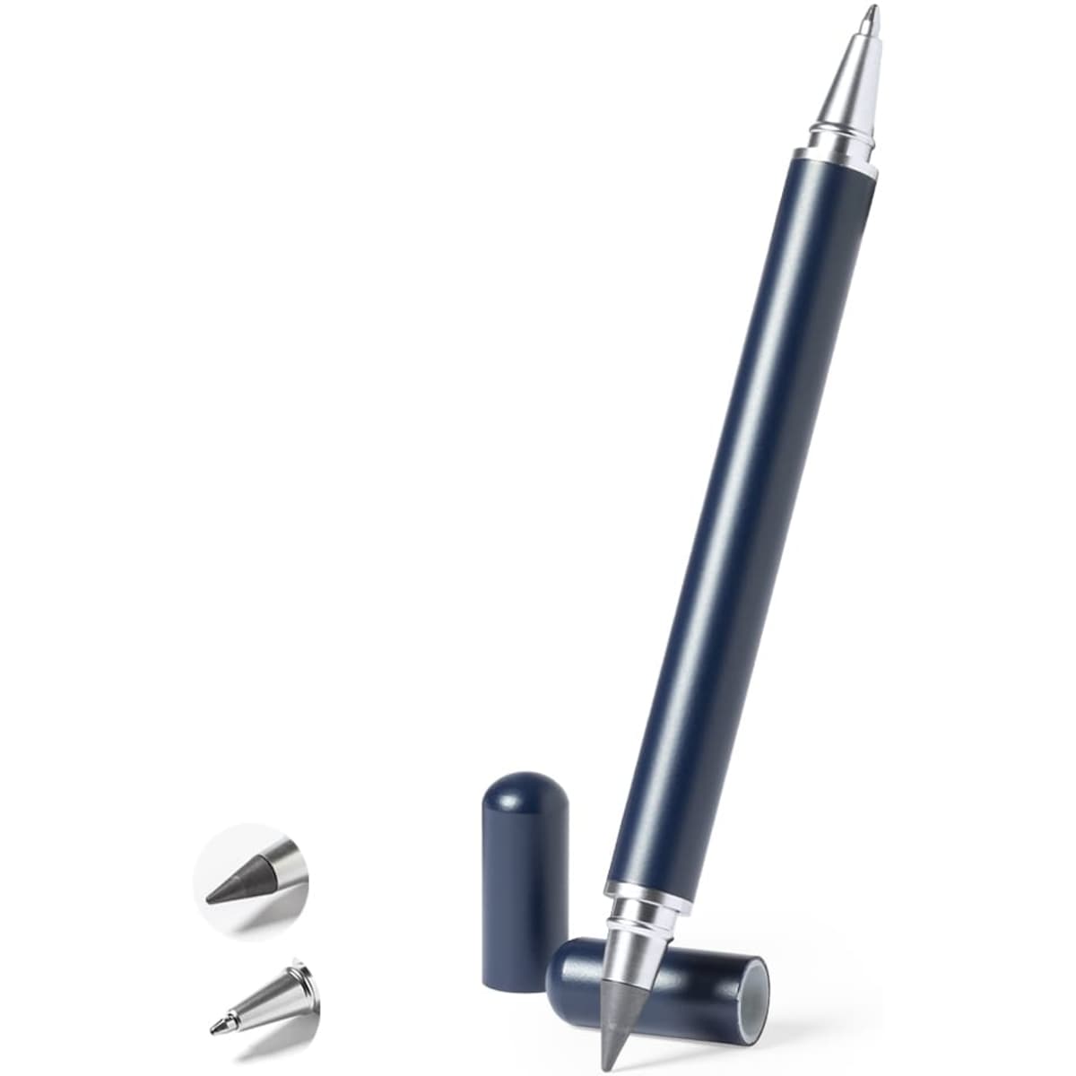A dark blue metal pen with silver accents, featuring a cap and revealing a fine tip. It includes a logo on the surface.