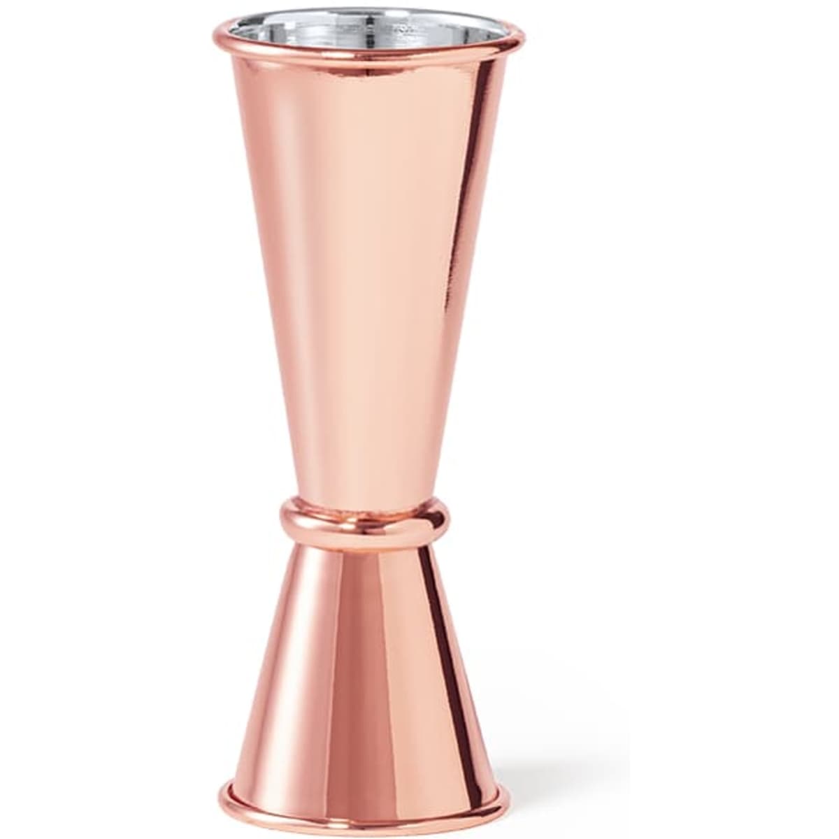A copper cocktail jigger with a sleek, polished finish and a logo, designed for precise measuring of liquids.