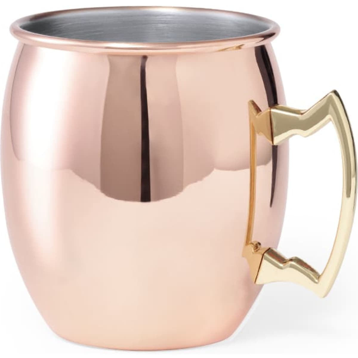 A copper and gold-handled mug with a reflective surface, suitable for beverages. It features a sturdy handle.