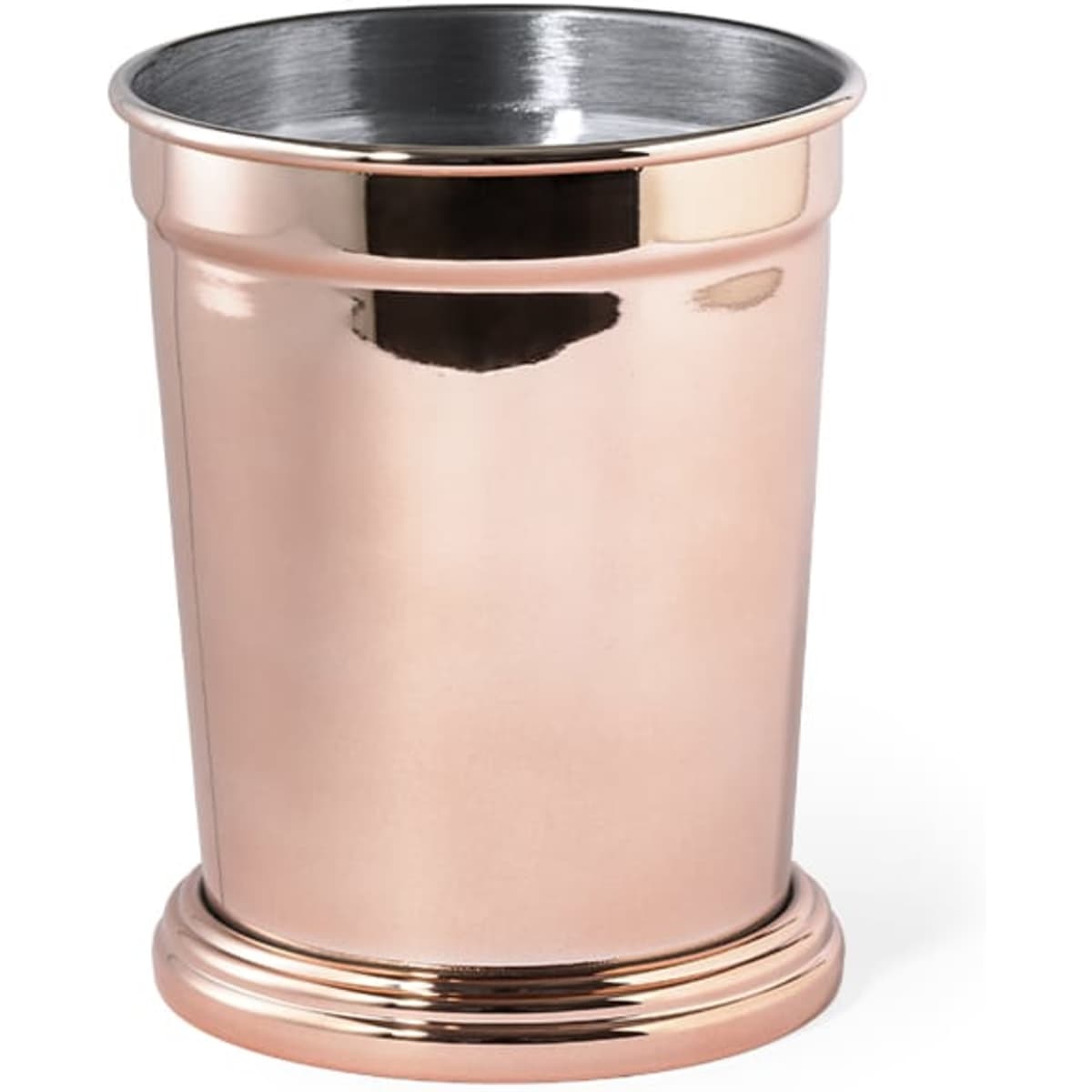 A drinkware coffee mug in a shiny rose gold finish, featuring a smooth metallic surface and a simple design.