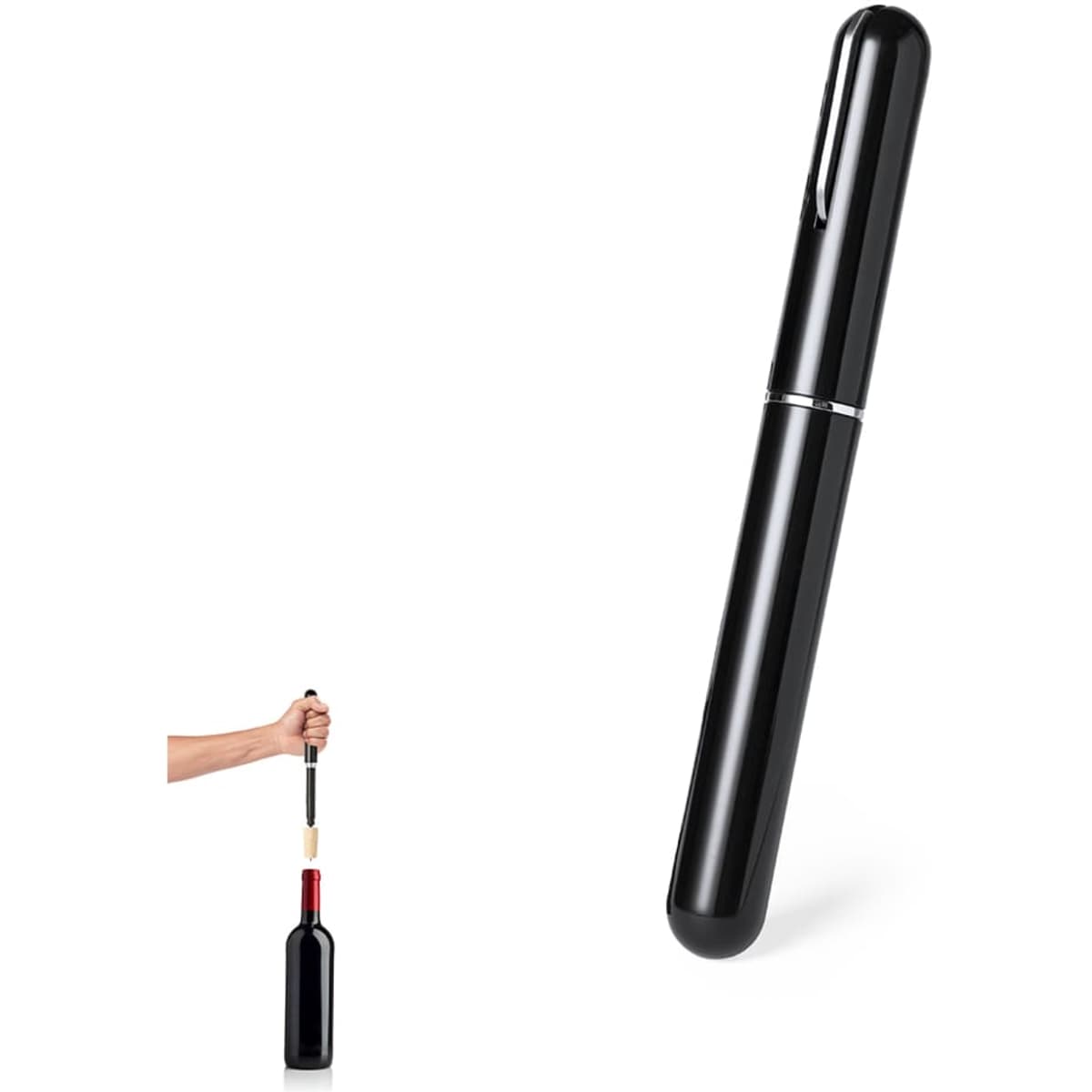 A black wine bottle corkscrew with a sleek design, featuring a logo on the side. Ideal for home use.