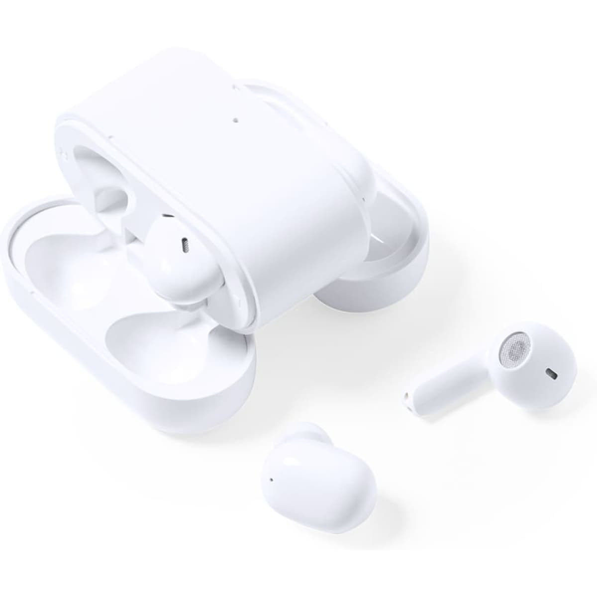 A set of white earbuds with a charging case, displayed with one earbud outside the case.