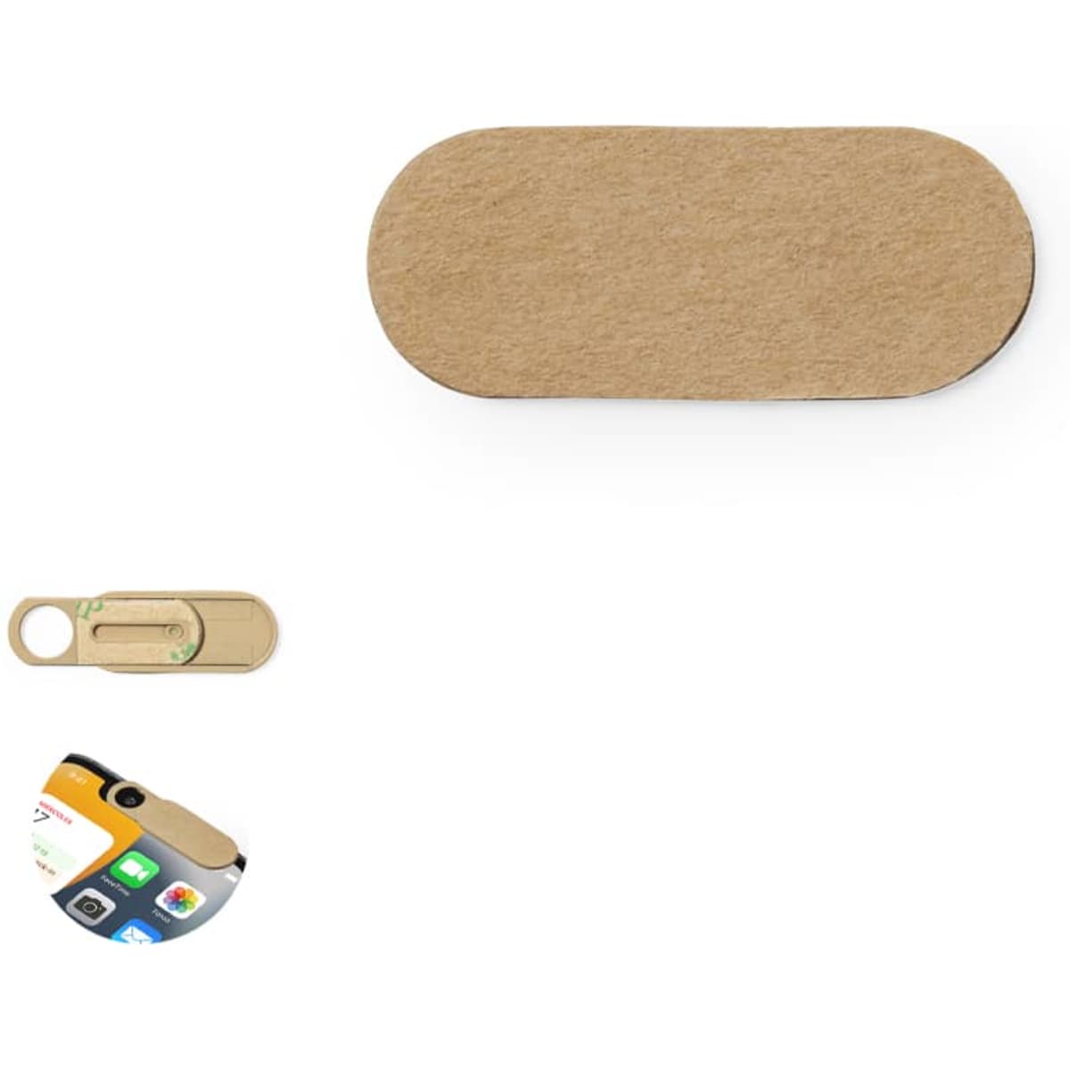 A tan privacy cover for a phone camera, featuring a circular cutout and a sliding mechanism.