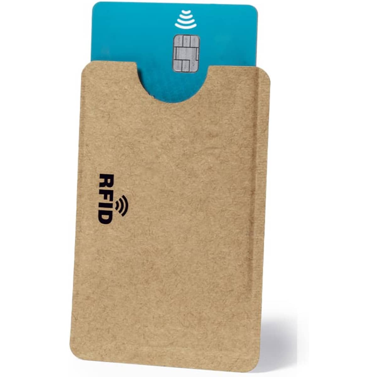 A brown RFID business card holder with a blue and white card partially visible at the top.