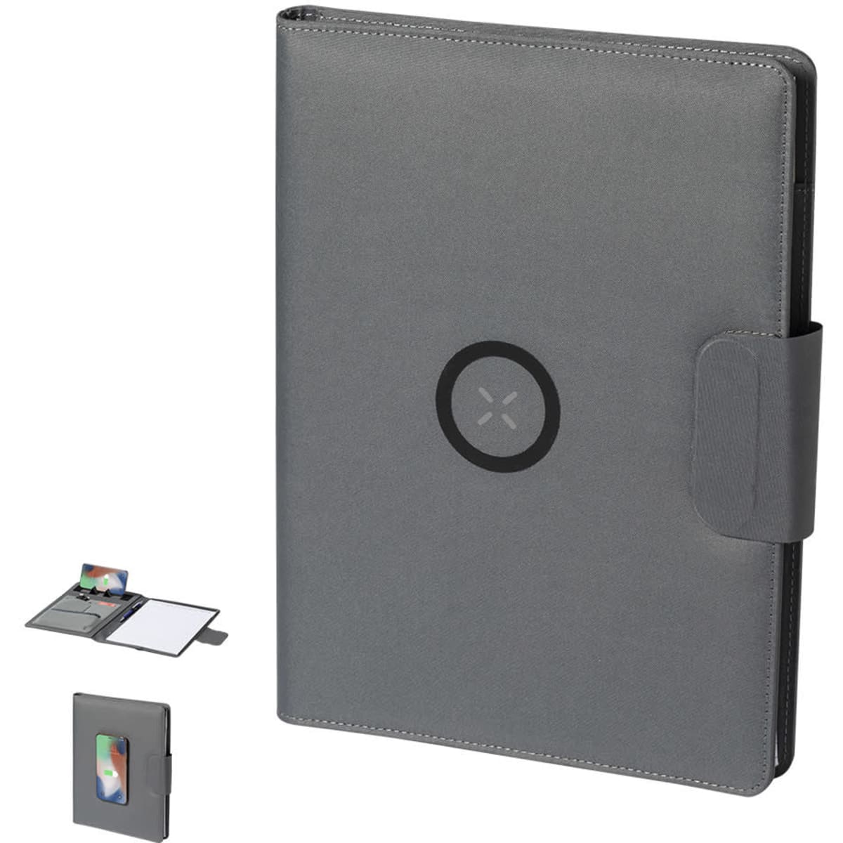 A grey Harbur Folder with a logo, featuring an exterior flap and an interior section for documents.