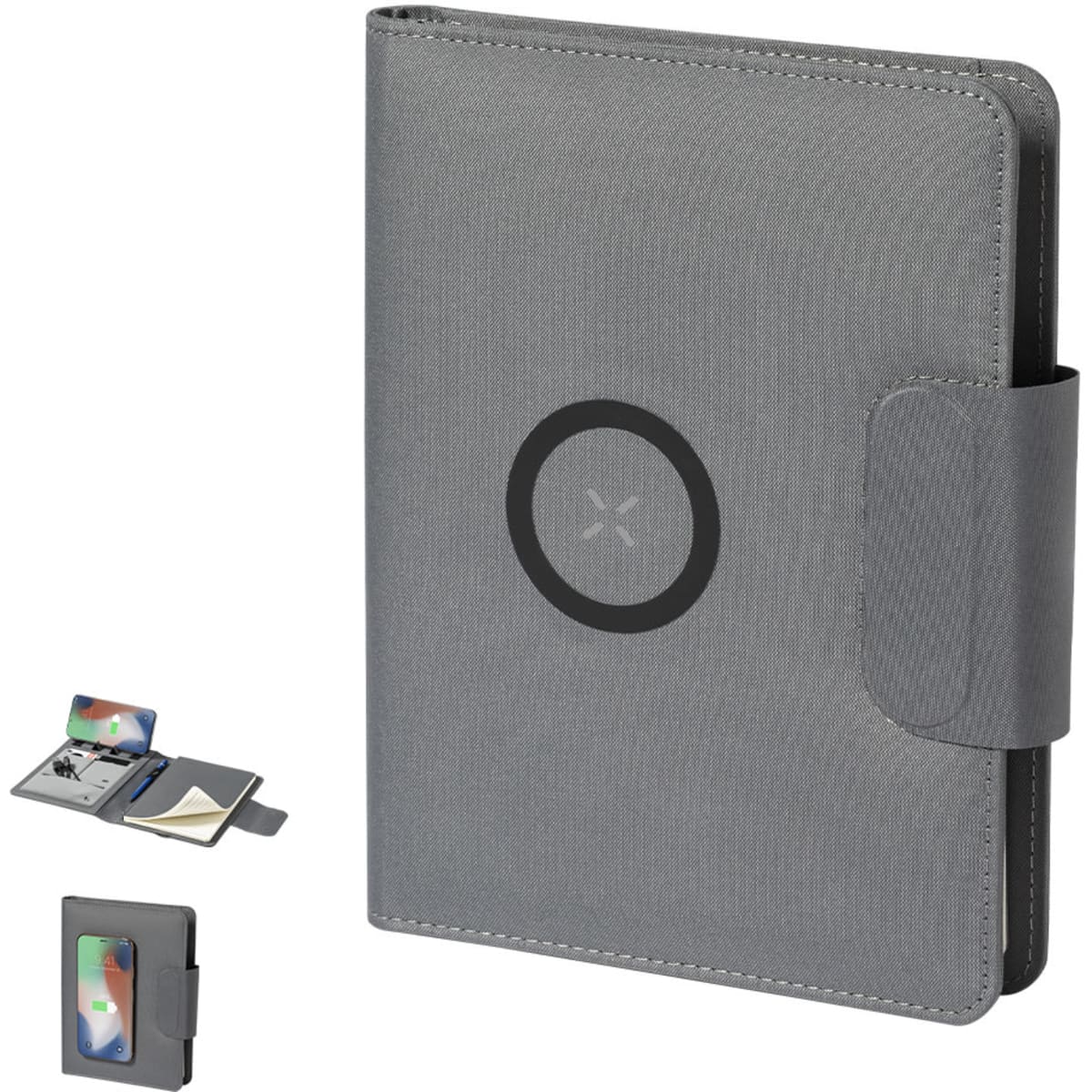 A grey Dambier Notebook with a textured surface, featuring a logo and a magnetic closure. Includes a compact inner pocket.