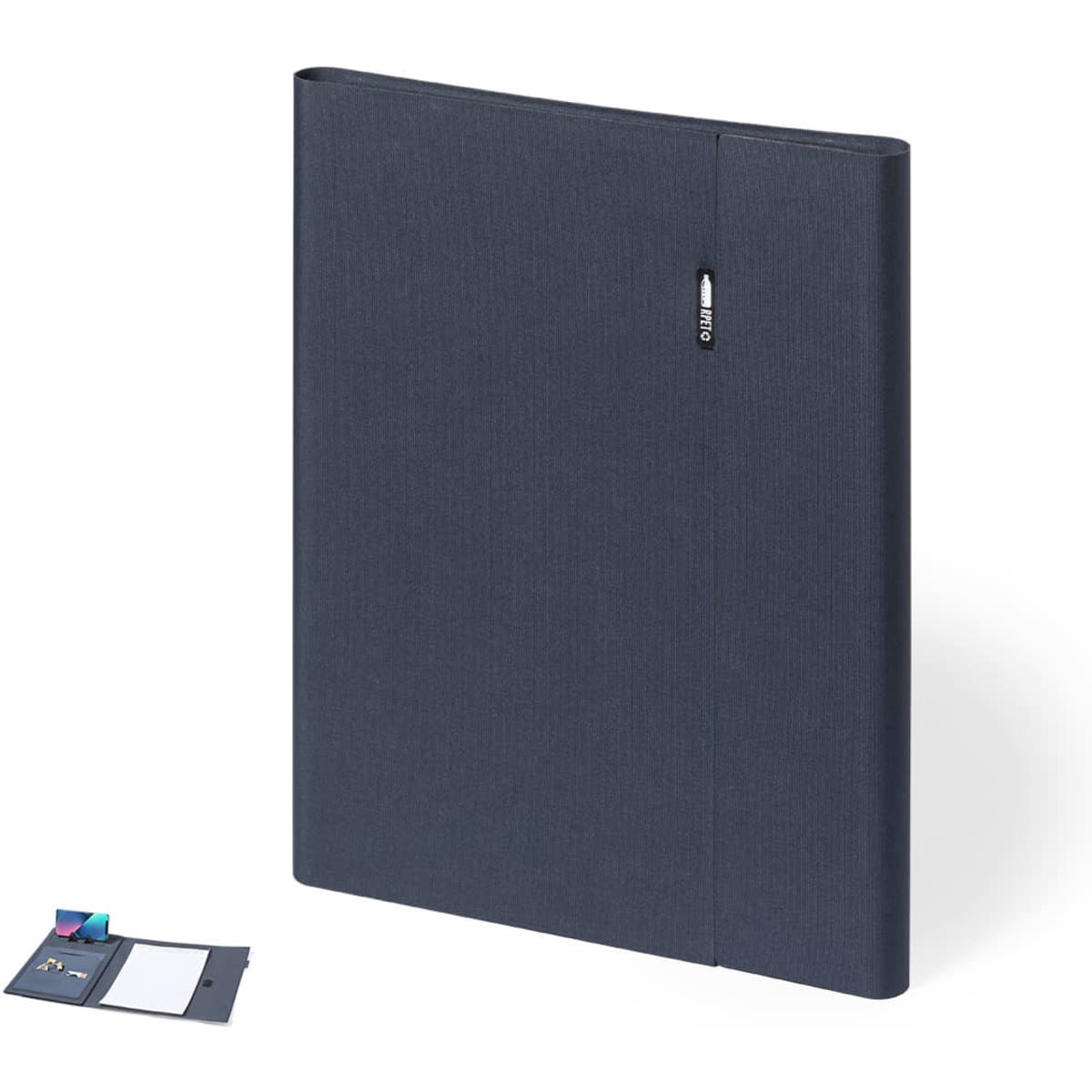 A navy blue Neseby Folder with a textured surface, featuring a branding logo and an additional cardholder.