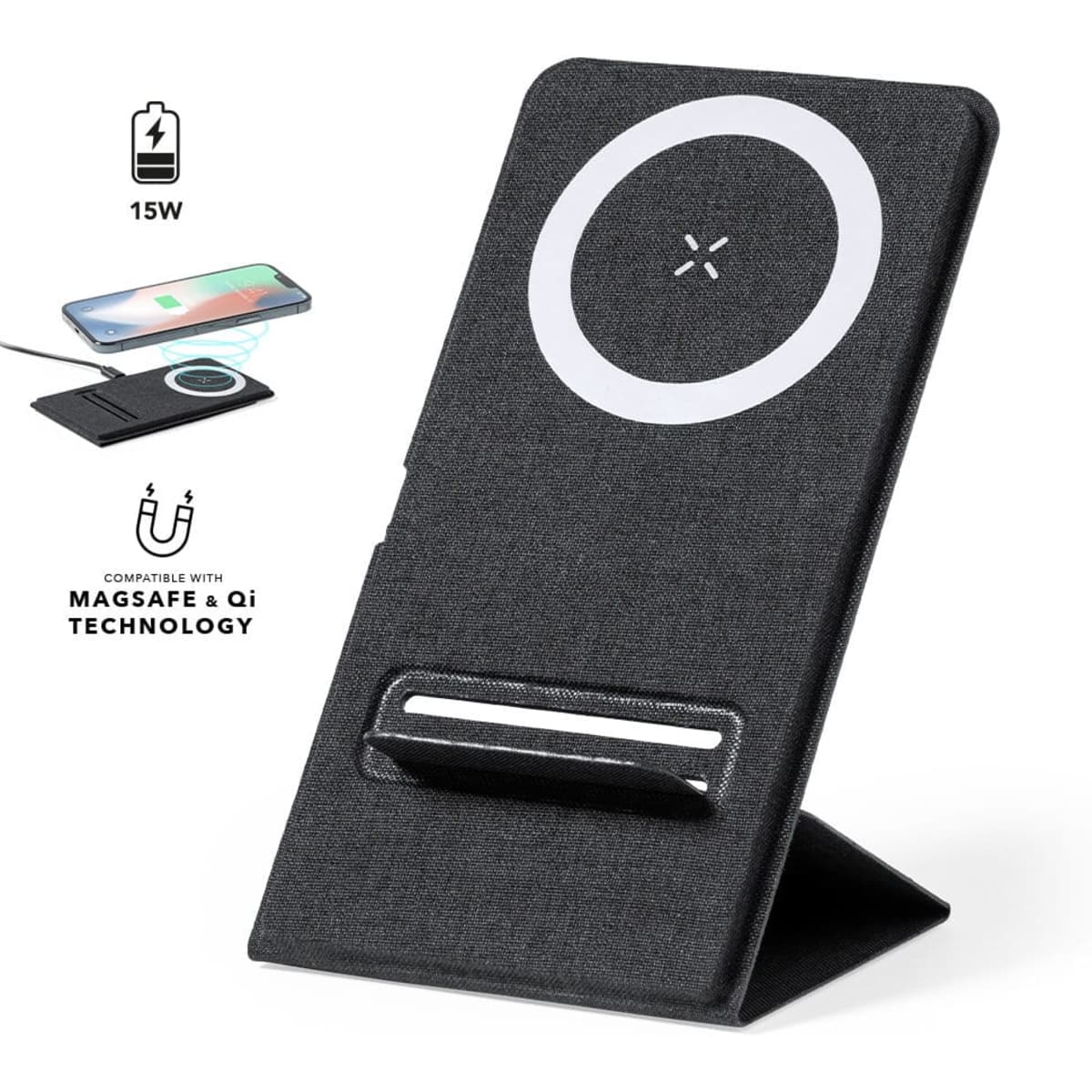A wireless charger in black fabric with a circular charging area and a stand for devices. It features a logo.