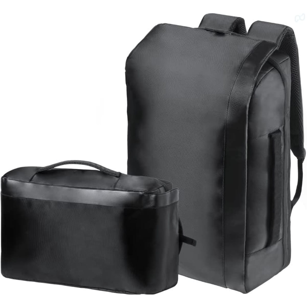 A sleek black backpack with a matching black pouch, featuring straps and a minimalistic design.