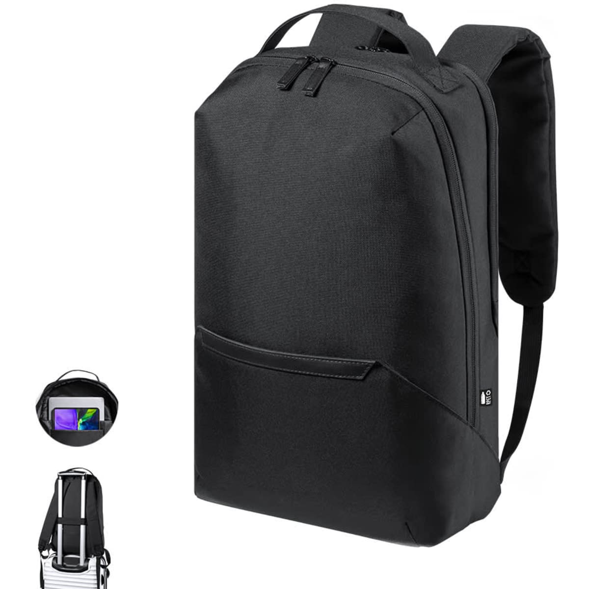 A sleek black backpack with adjustable straps and a front pocket, featuring a logo.