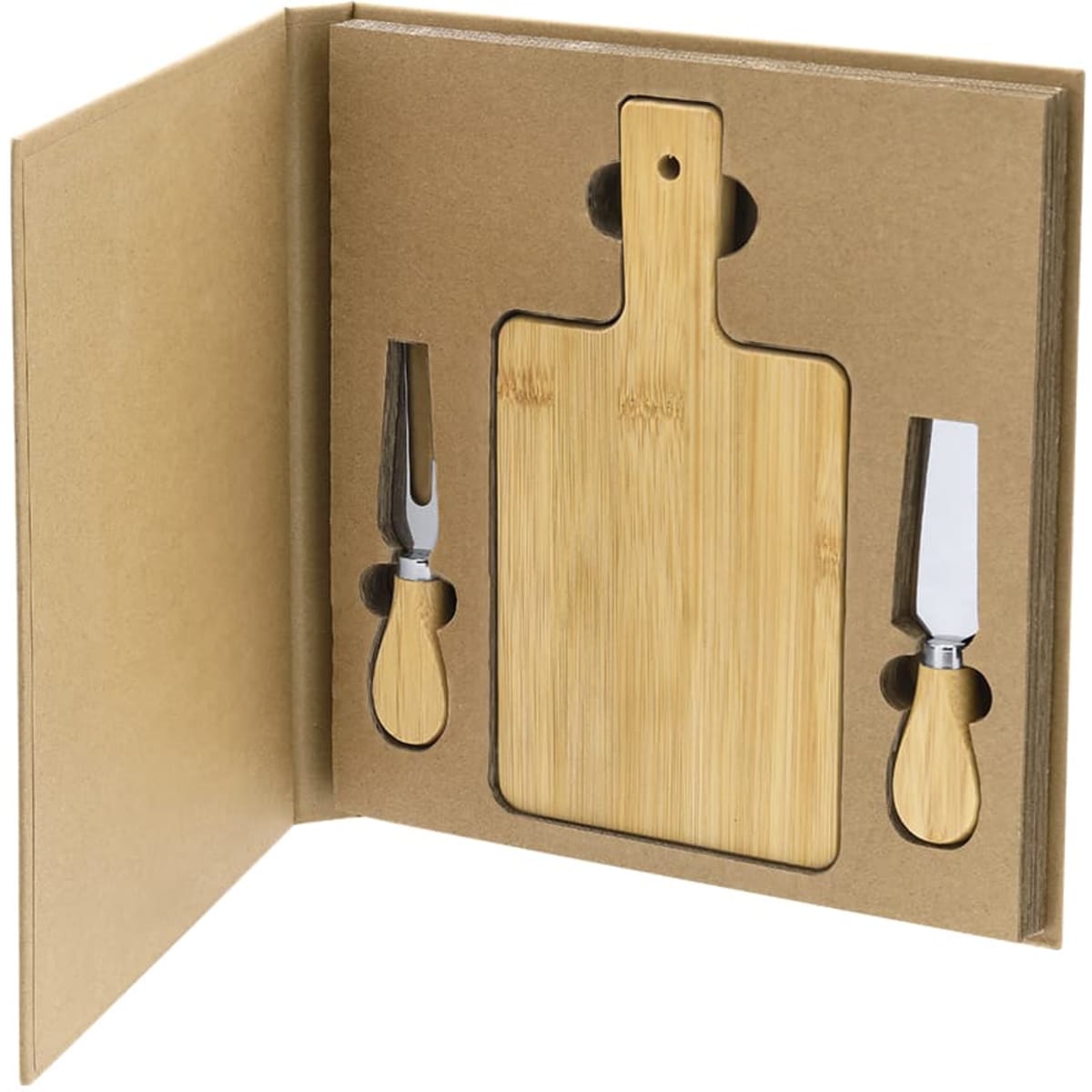 A bamboo cheese board with two small knives, presented in a brown kraft box.