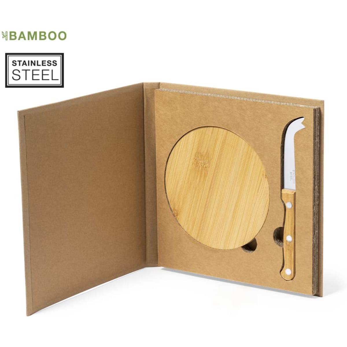 A bamboo cheese board with a stainless steel knife, presented in a brown cardboard case. Features a logo.