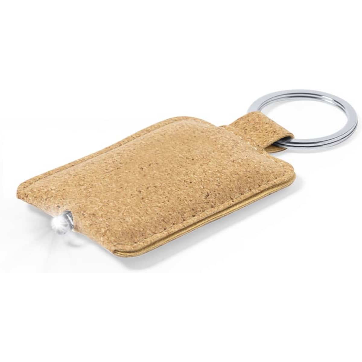 A cork keyring holder with a silver keyring attachment. The design is minimalist and natural in colour.