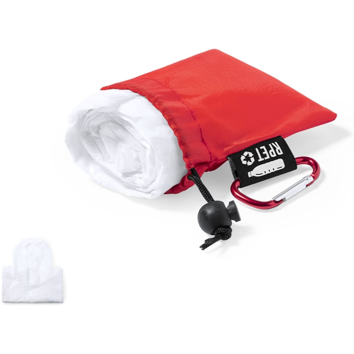 A red poncho neatly packed in a compact pouch, featuring a carabiner and a drawstring closure.